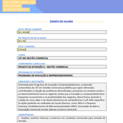 Introdução ao Portfólio Individual Projeto de Extensão II Gestão Comercial – Inovação e Empreendedorismo